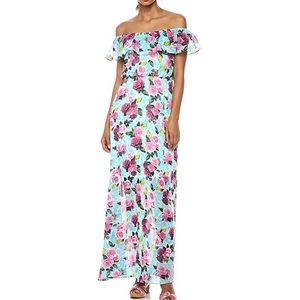 Betsey Johnson Floral Maxi Dress, Pastels, Ruffled Off the Shoulder Maxi Dress